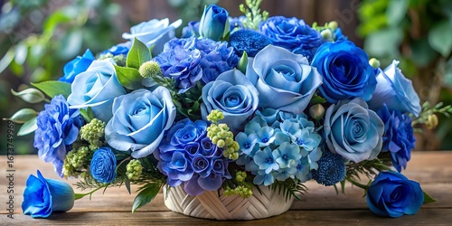 Beautiful arrangement of blue roses and hydrangeas fresh flowers floral decor