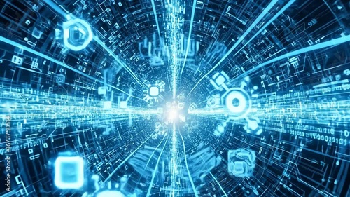 Digital Data Stream Tunnel - A vibrant blue digital tunnel filled with binary code and glowing data streams.