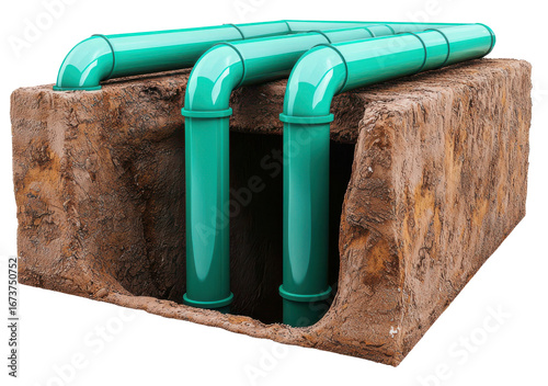 Underground green pipes in soil cross section for water or sewage system