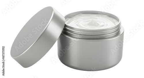 Open silver jar of white cream or lotion with lid, isolated on white background, perfect for skincare and beauty product presentations