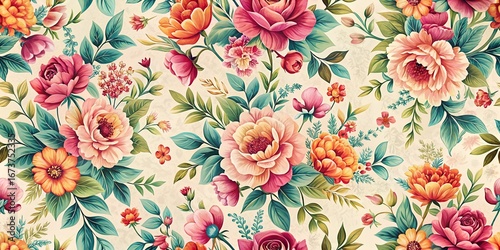 Vibrant floral pattern with lush roses and peonies for fabric design and decor