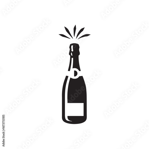 Vector art of black and white icon of a champagne bottle with a cork popping and sparkling effect