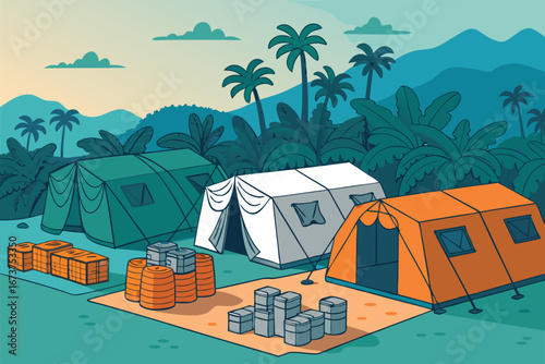 Stark poster depicting a devastated refugee camp post-natural disaster, highlighting resilience and humanitarian aid.
