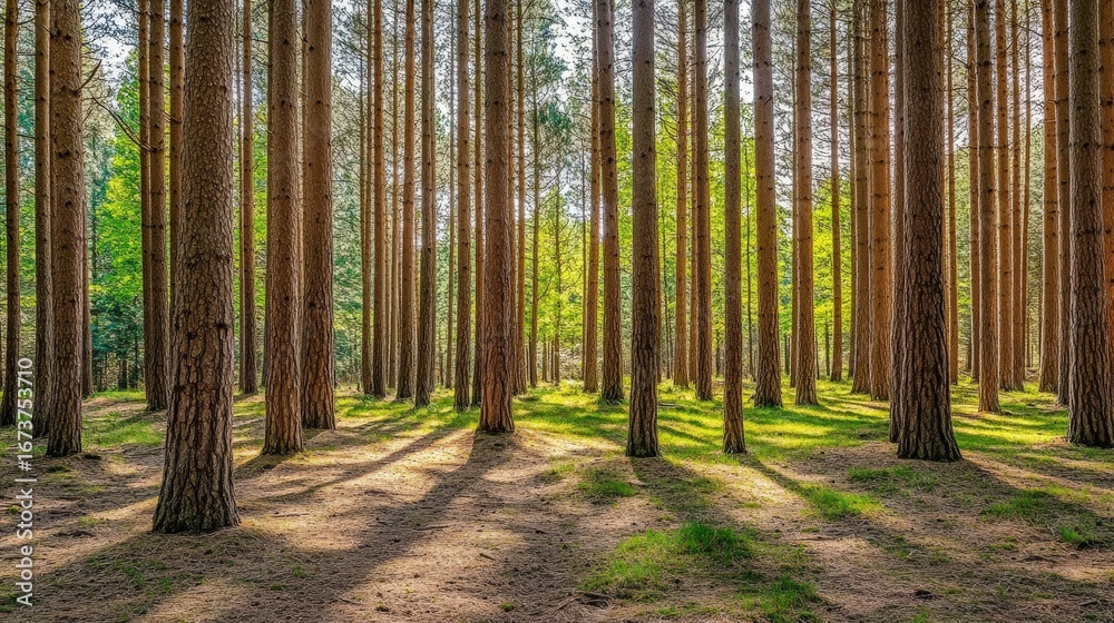 Obraz premium Dense pine forest with sunbeams and shadows on the forest floor