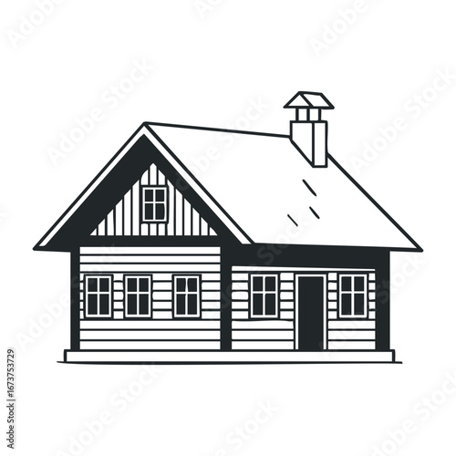 Charming wooden house countryside illustrative art minimalistic design side view cozy concept for home lovers. Vector illustration