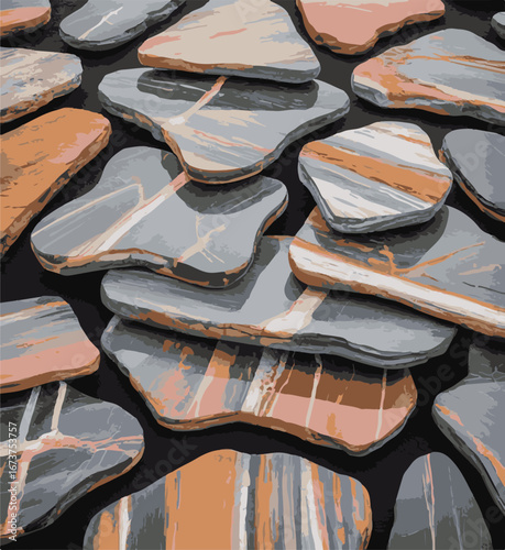 A captivating arrangement of smooth naturally polished stones with striking bands of grey white and warm orange and brown stripes creating a beautiful abstract pattern