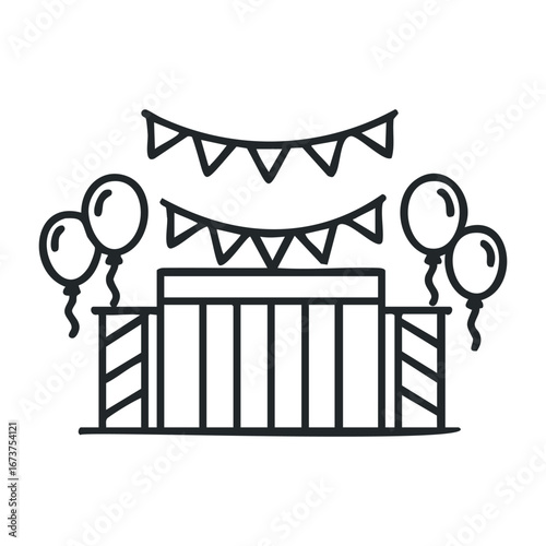Celebration event with balloons and banners festive venue graphic illustration bright environment front view party concept. Vector illustration