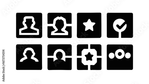 Black and white icon set representing user profiles favorites and settings options