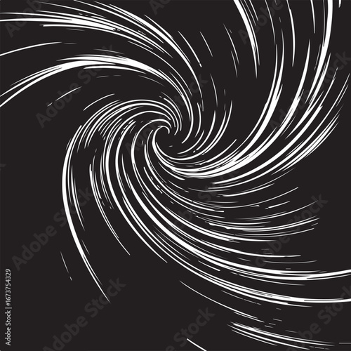 Abstract swirling vortex of white light streaks against a dark black background creating a dynamic sense of motion and energy