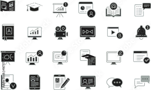 A collection of 24 black and white icons representing various aspects of education, business, and technology, displayed in a grid.