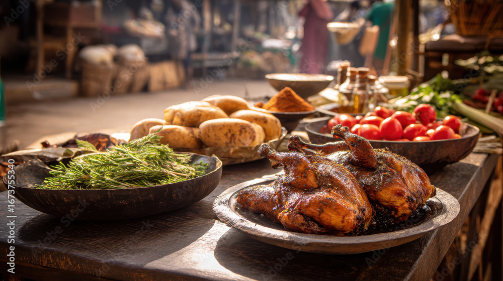 Obraz premium Delicious roasted chicken with fresh produce on a rustic kitchen table, ideal for home cooking.