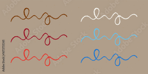 Realistic Chalk Drawn Sketch. Set of Design Elements Wavy Lines with Loops Isolated on Craft Paper.