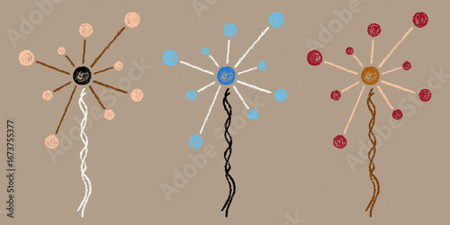 Realistic Chalk Drawn Sketch. Set of Design Elements Abstract Figures Made of Lines and Circles Isolated on Craft Paper.