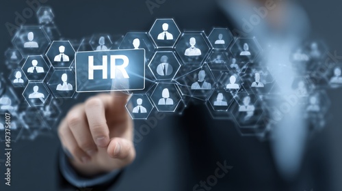 A professional person hand interacts with the virtual screen display, highlighting the digital aspects of the human resources. representing the innovative digital landscape