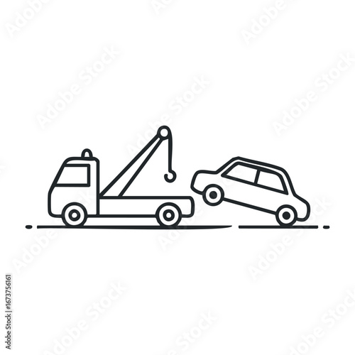 Tow truck action removing abandoned vehicle urban street illustration city environment side view vehicle recovery concept. Vector illustration