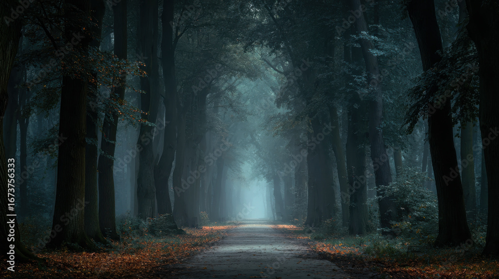 Obraz premium A tranquil forest path disappears into a mysterious, misty tunnel of trees, inviting exploration.