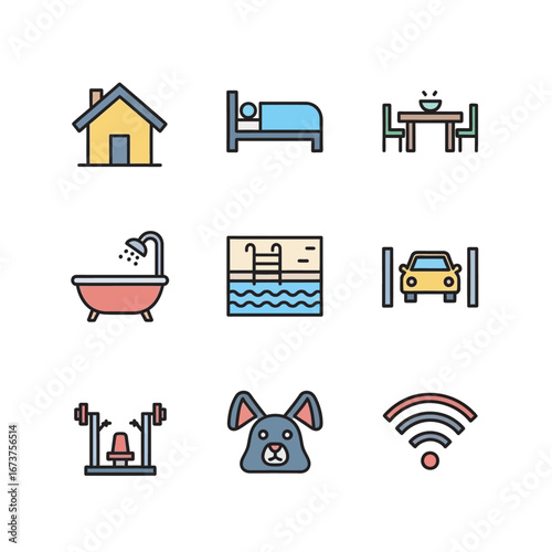 Household amenities icons depict lifestyle recreation leisure