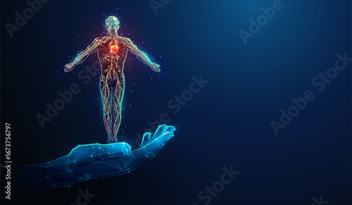 Low-Poly Hand Holding a Human Body Silhouette Made of Neon Particles with Glowing Blood Vessels. Abstract Vector Illustration Depicting Cardiovascular System Health Care Concept on Blue Background.