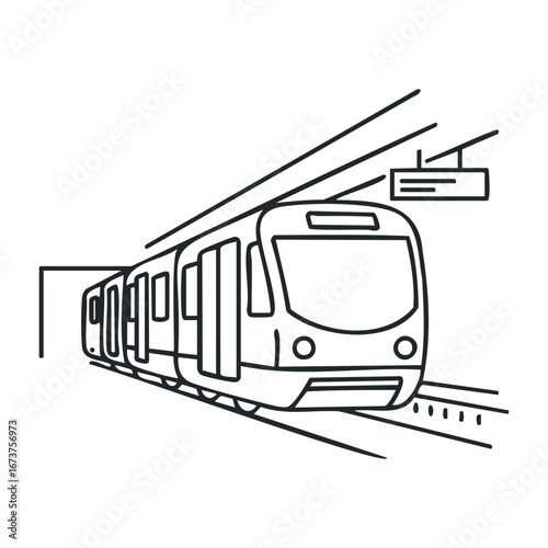 Train arrival at city station urban transport scene illustrative artwork modern environment side view motion concept. Vector illustration