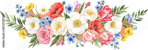 Watercolor painting of a vibrant floral bouquet with roses, tulips, poppies and other flowers.