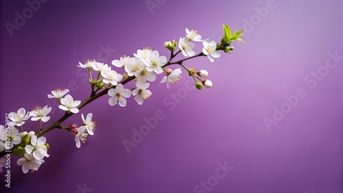 Delicate white cherry blossoms bloom on a twig with a soft purple gradient backdrop