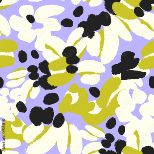 Colorful trendy seamless pattern with different abstract flowers. Vector background, design, print, textile, wrapping paper