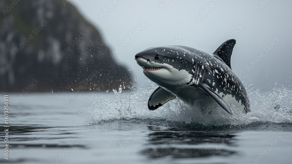 Fototapeta premium Great white shark leaping, ocean, island, splash
