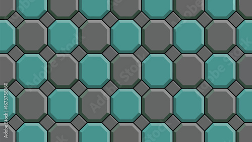 Seamless pattern of gray and teal octagonal tiles with square grout filling space