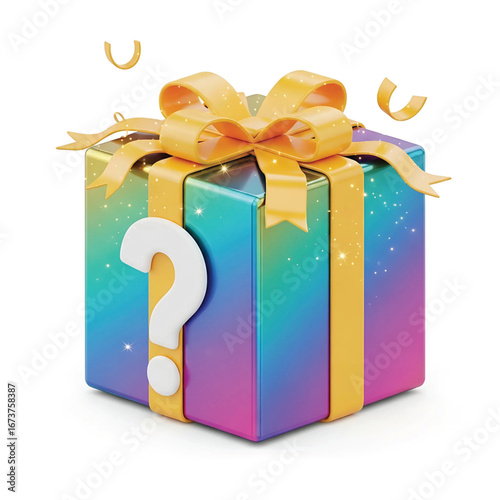 A vibrant, sparkling rainbow mystery gift box with a golden bow and a white question mark on a white background.