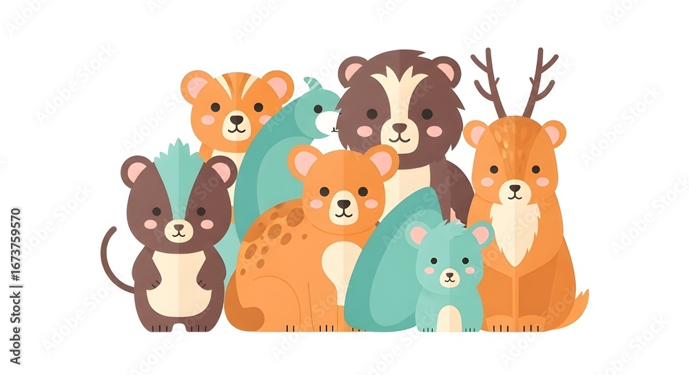 Obraz premium Fun and colorful vector illustration of adorable cartoon animals including bear, fox, rabbit, and deer. Perfect for children’s book, kids’ design, and educational themes