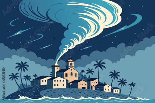 Poster showing a powerful hurricane cyclone spinning above a coast with stormy clouds and turbulent ocean waves.