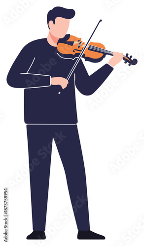 A man in dark clothing plays a violin, a stylized illustration.