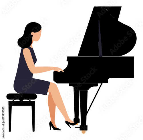 A woman in a dress playing a grand piano, seated on a stool.