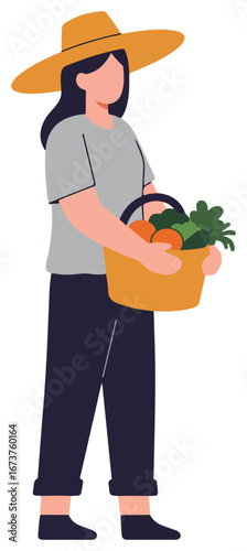 A farmer wearing a hat carries a basket full of harvested vegetables.