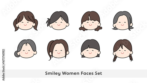 笑顔の女性 色付きの顔アイコンセット