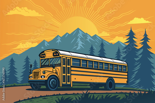 Vibrant poster, futuristic school bus, rooftop solar panels, bright sunny day, eco-friendly transport, sustainable education.