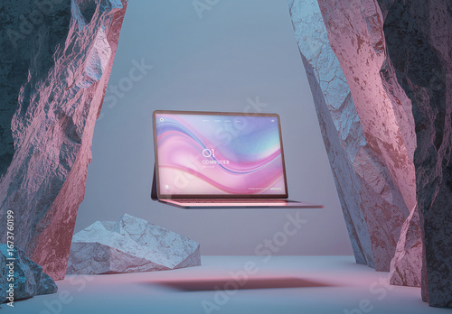 Futuristic Floating Laptop Mockup with Surreal Rock Background