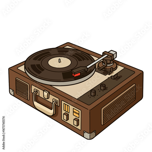 Vintage record player isometric style brown and beige tones retro audio equipment nostalgic music listening