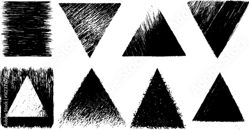 Grunge triangle shapes with textured strokes in black and white. Geometric sketch set in rough style, vector illustration.