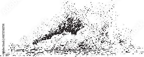 Smoke explosion with dust and debris in monochrome ink style. Vector illustration with textured sketch lines and detailed handdrawn effect.