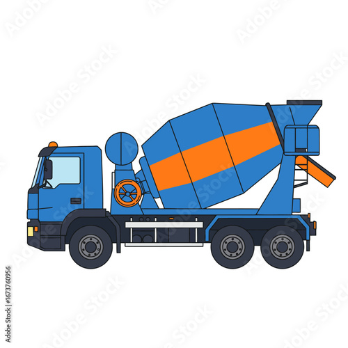 Blue concrete mixer truck minimal style orange stripe construction site equipment industrial transport