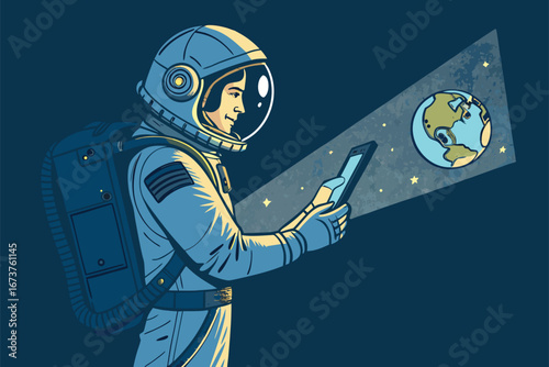 Futuristic astronaut in zero gravity, tablet displays vibrant nebula, cosmic voyage, advanced tech, exploration.