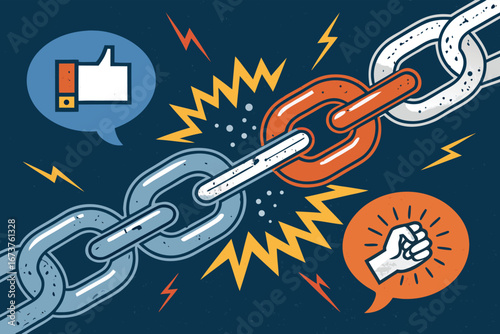 Poster with a visually striking broken digital chain, symbolizing a fight for freedom and innovation against oppressive systems.