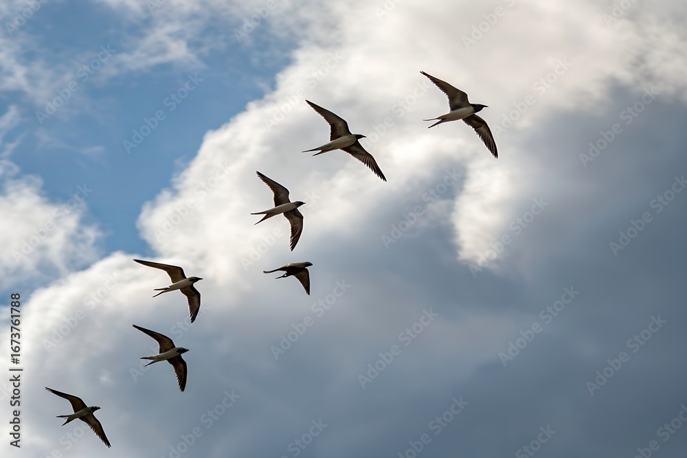 Fototapeta premium A Flock of Swallows in Flight: Observe as a flock of graceful swallows cuts through the sky, their silhouettes creating an ethereal dance against the backdrop of the vibrant clouds and blue sky.