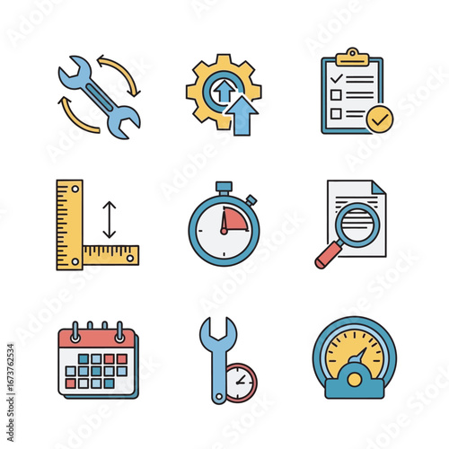 Tools perform tasks illustrating measurements setup progress schedule icons