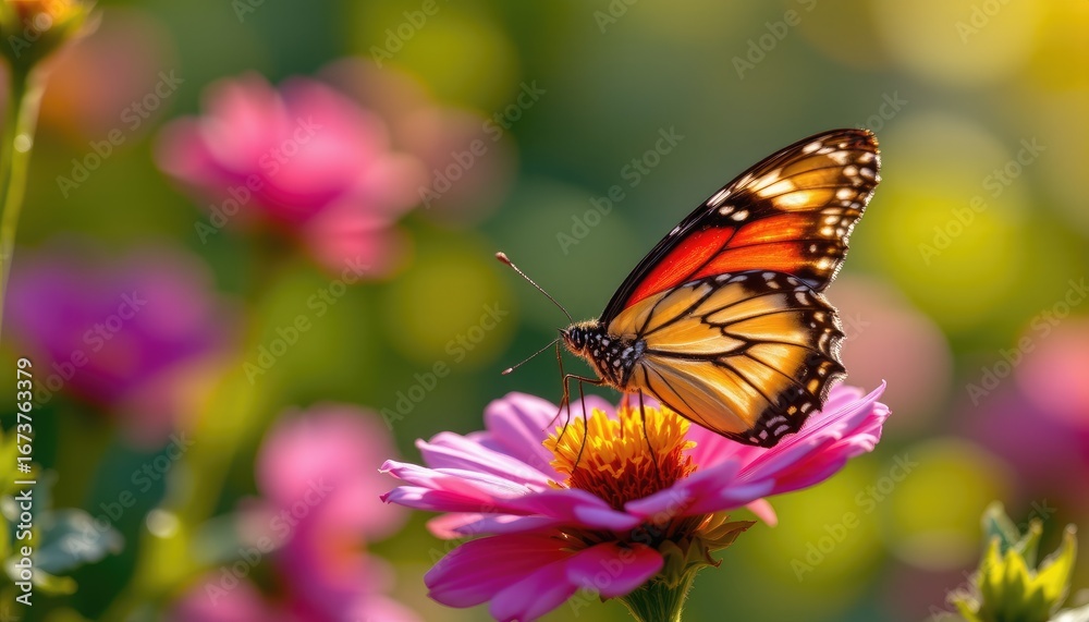 Fototapeta premium Butterfly Perched on Vibrant Flower Amidst Blurred Colorful Garden Background in Soft Light