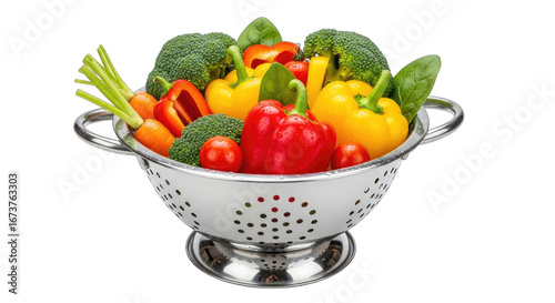 vibrant veggie harvest fresh peppers, broccoli, and carrots in a stainless steel colander