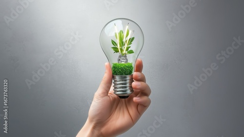 Hand holding a lightbulb with plant inside