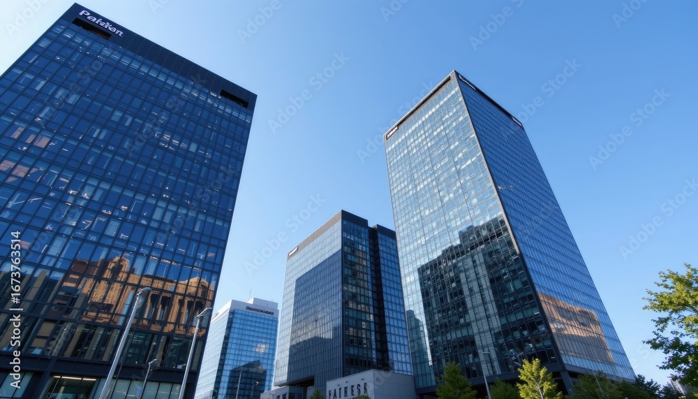 Modern skyscrapers with glass facades under clear blue sky in an urban setting, showcasing contemporary architecture and design elements Modern skyscrapers with glass facades under clear blue sky in an urban setting, showcasing contemporary architecture and design elements