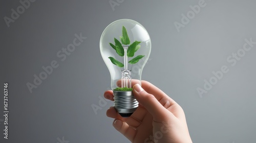 Hand holding a lightbulb with plant inside